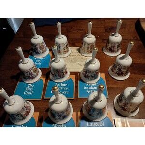 Vintage Romance Of Camelot Franklin Mint 12 Bell Set 1980's Bone China